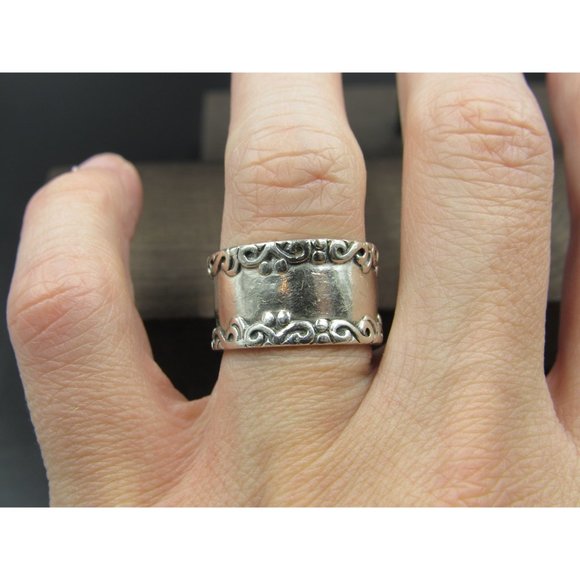 Size 6.5 Sterling Silver Fancy Boarder Thick Wide Band Ring Vintage Statement - Picture 2 of 7